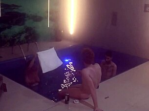 Friends engage in bareback threesome by the motel pool