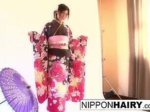 japanese geisha babe gets tied up, pussy and ass played with