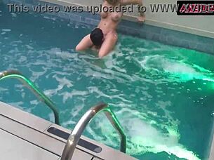 Ebony babe relaxes with monster cock in pool