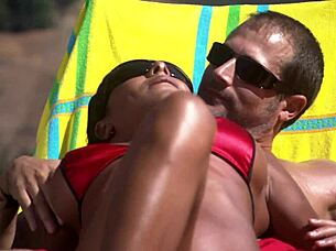 Dee massages and fucks by the pool in hot outdoor interracial scene!