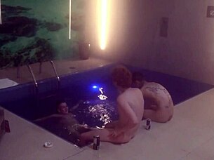 Friends engage in bareback threesome by the motel pool