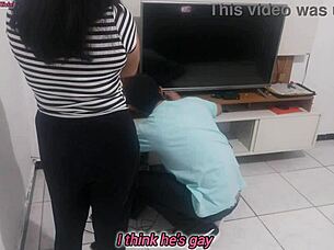 Housewife shows lingerie to technician for opinion