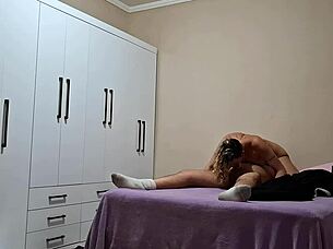 Stepdaughter replaces her traveling mother to satisfy stepfather's needs with wet licking and moaning in roleplay.