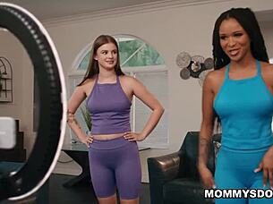 Sky Wonderland tries to sneak closer and closer peeks at Cali Sweets ass until she catches her in the act of muff diving and licking.