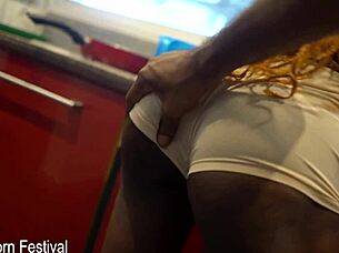 Skinny ebony with narrow ass gives intriguing handjob