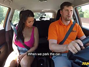 fake driving school - chloe lamour bounces big boobs in hot car sex