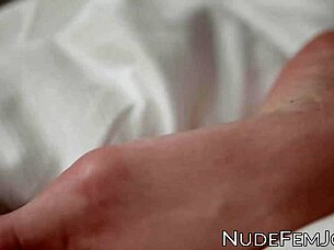 Sensual stunner touches her shaved pussy in doggy?