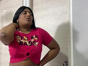 Stepsister massages brother's big cock hard.