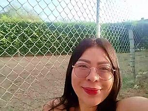 Bold outdoor masturbation as big slut