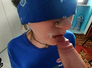 Teen wife gives intense blowjob to husband