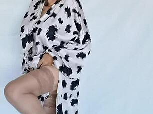 Mature Busty Milf in Stockings and High Heels Poses