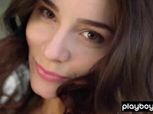 skinny european brunette strips clothes ripped in stockings showing natural tits and ass