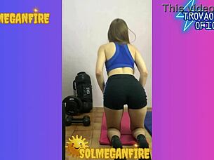 at the gym, shorts ripped, trainer pushes, exposing ass