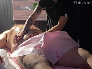 Masseuse performs lingam and prostate massage on fat guy