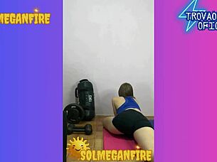 at the gym, shorts ripped, trainer pushes, exposing ass