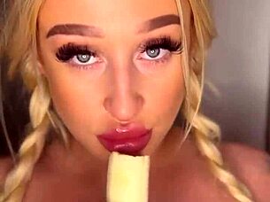 Horny Fat Blonde Slut Sucks Banana Like a Big Cock!