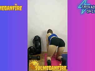 at the gym, shorts ripped, trainer pushes, exposing ass