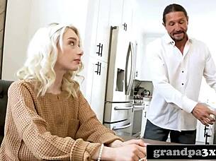 sexy blonde teen trained as topless waitress by kinky stepgrandpa