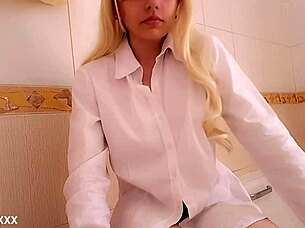 Blonde girl gropes her tits and shaved pussy before bath 😌