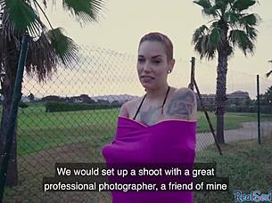 Inked Latina Gags on Cock Publicly!