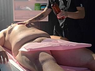 Masseuse performs lingam and prostate massage on fat guy