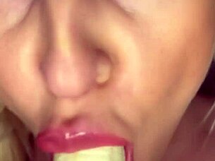 Horny Fat Blonde Slut Sucks Banana Like a Big Cock!