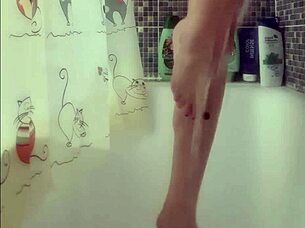 Busty teen washes her perfect feet in the shower