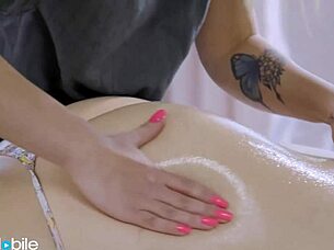 Blonde sweetheart massages her roommate then licks her wet pussy