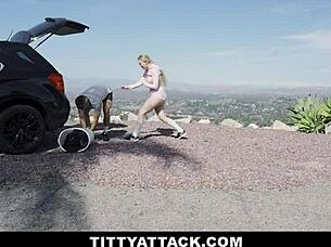 Blake Blossom runs in the neighborhood, her big tits bouncing, catching Mike Mancini's eye and leading to an accident.