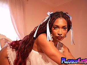 hot ebony addis fouche strips to show pierced nipples 😍