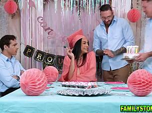 roxie sinner celebrates her graduation by riding quinton james, pierce paris, and jayden marcos in a wild french cowgirl foursome with blowjobs and fingering