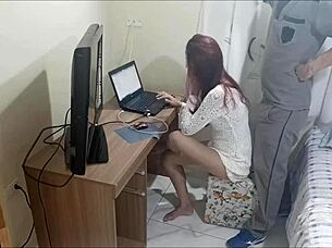 Lonely redhead gets cum on ass from horny maintenance guy