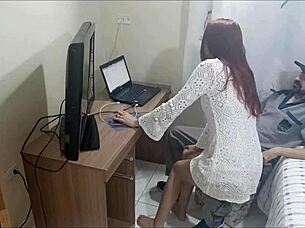 Lonely redhead gets cum on ass from horny maintenance guy