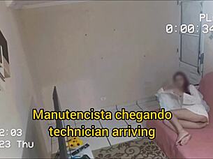 Lonely redhead gets cum on ass from horny maintenance guy