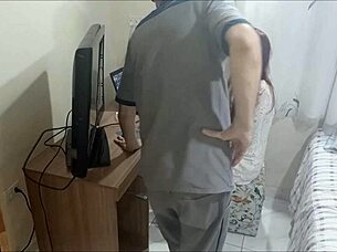 Lonely redhead gets cum on ass from horny maintenance guy