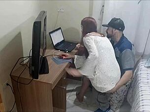 Lonely redhead gets cum on ass from horny maintenance guy