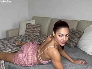 very hot brunette girl gets super horny masturbating with a glass dildo until she squirts and cums hard.