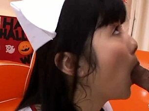 I'm a skinny Japanese teen in nurse cosplay giving a blowjob in uncensored JAV porn