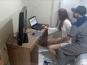 Lonely redhead gets cum on ass from horny maintenance guy