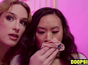 tiny asian customer gets pounded by two hung trannies in a trial room