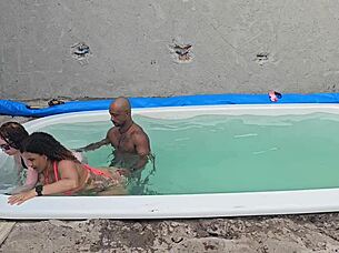 Amateur babe takes big black cock creampie in pool fetish action!