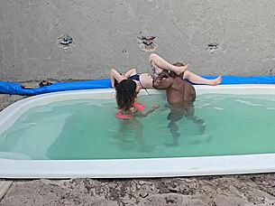 Amateur babe takes big black cock creampie in pool fetish action!