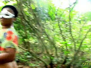 Ebony babe rides cock doggystyle, her wet pussy squirting during intense ass fucking.