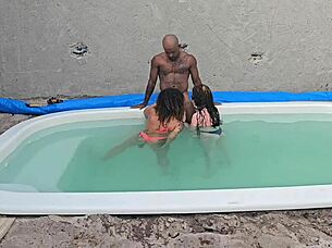 Amateur babe takes big black cock creampie in pool fetish action!