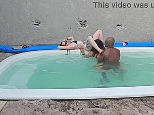 Amateur babe takes big black cock creampie in pool fetish action!