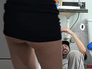 hey, this married woman tricks and teases the naughty plumber into some fun