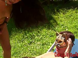 Transsexual babe riding dude in outdoor anal action