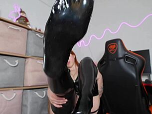 joi cumshot with juicy redhead babe in leather dress fingering big ass