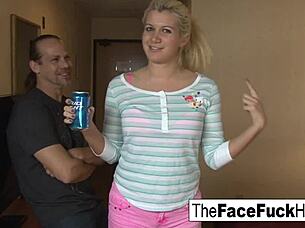 Hot blonde slut gets facial after rough face fucking