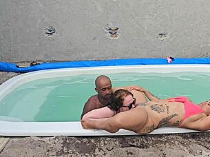 Amateur babe takes big black cock creampie in pool fetish action!